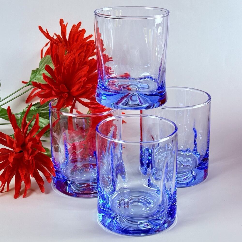 Libbey Crisa Pinched Thumbprint Impressions Light Blue 4" Rocks Glasses Set Of 4